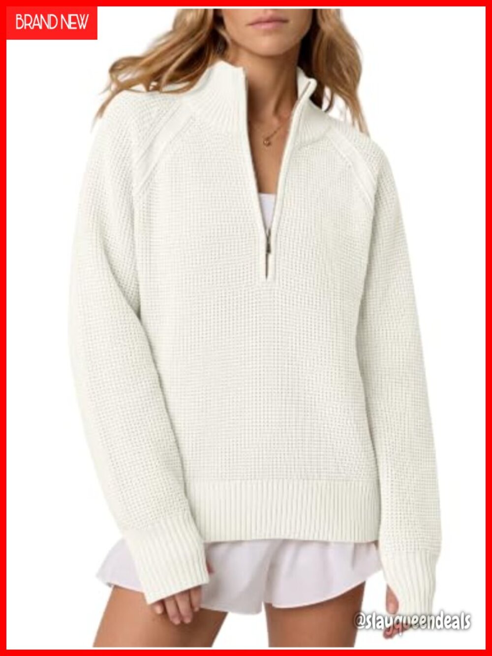 Womens Quarter Zip Pullover Sweater Waffle Knit Thumb Hole Fall Top